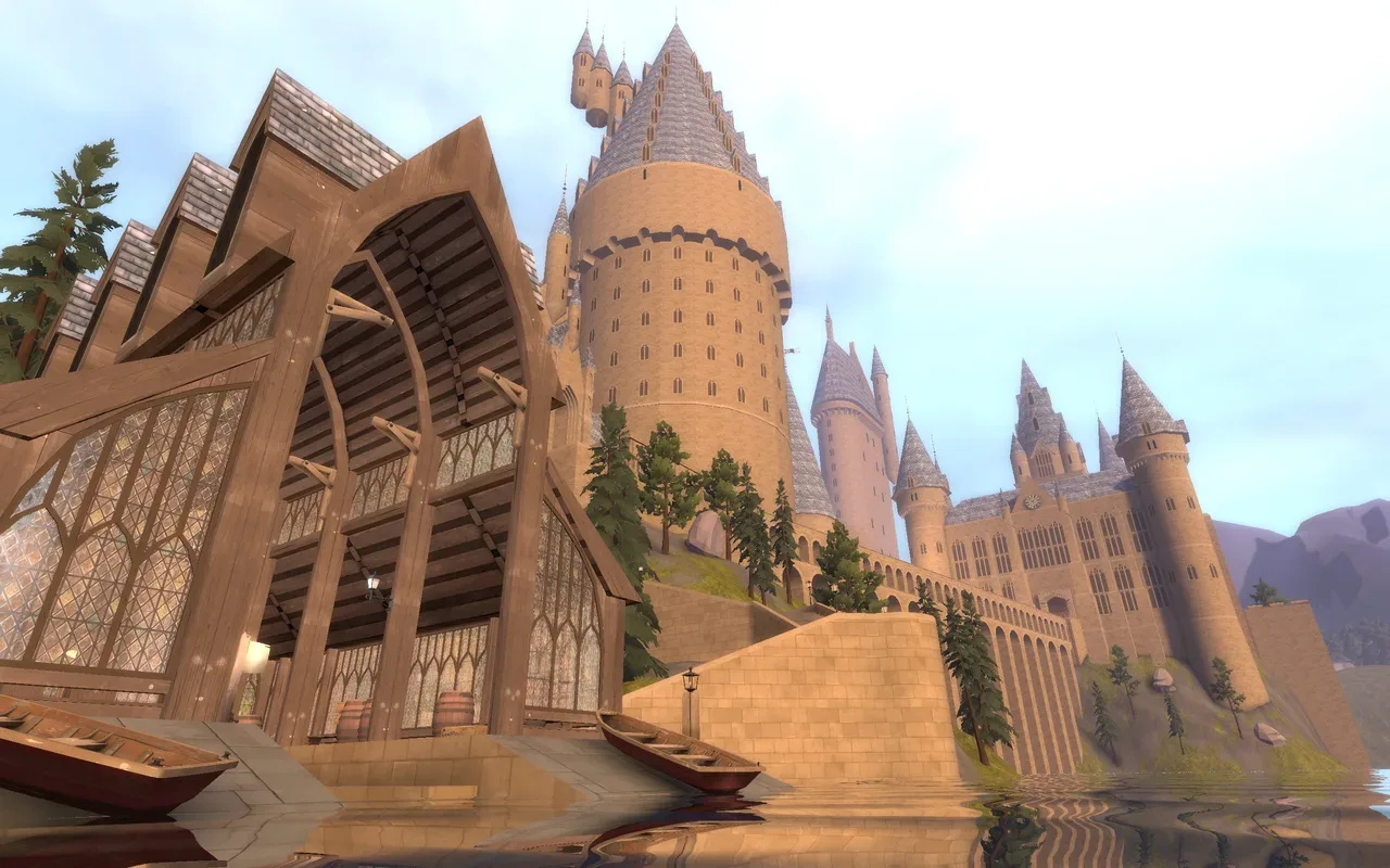 Lakeside gothic castle environment with boathouse, modeled and lit in Blender
